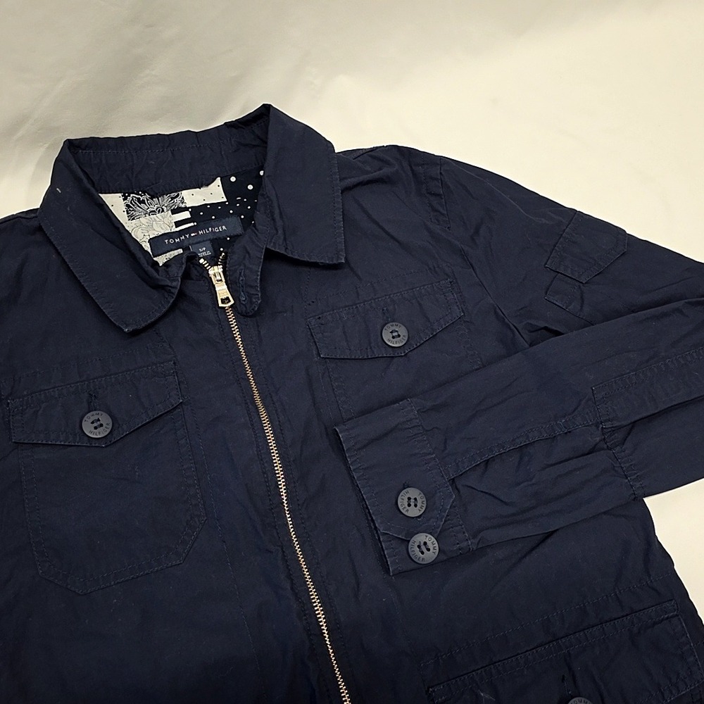 Tommy Hilfiger Utility Jacket Women Small Navy Blue Cotton Full Zip Field Coat